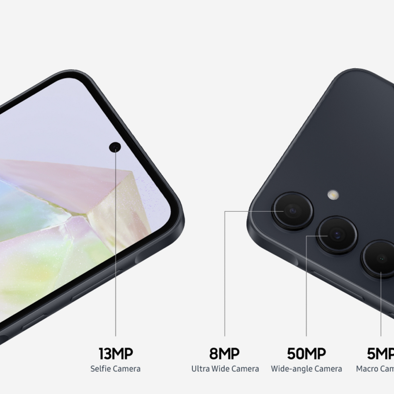 Views of the front and back of the A35 device focusing on the triple camera system. Callouts include: 13MP Selfie Camera, 8MP Ultra Wide Camera, 50MP Wide-angle Camera, and 5MP Macro Camera.