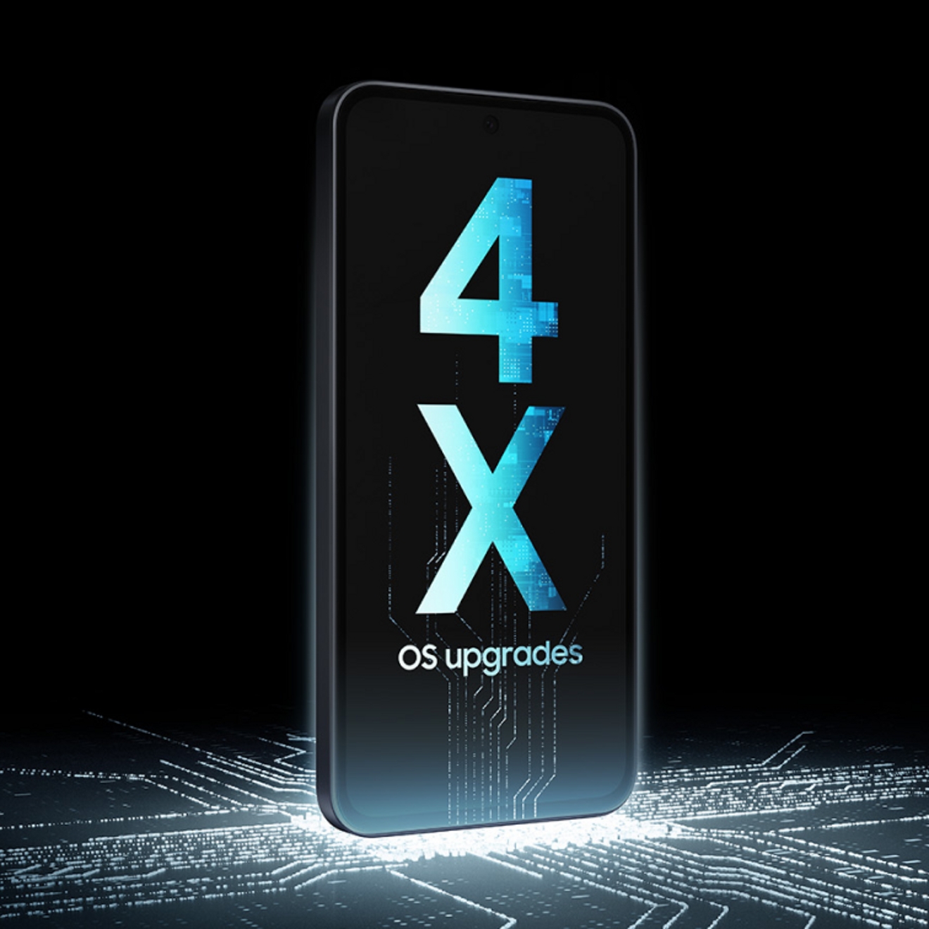 Galaxy A35 device hovering above a glowing black circuit board. On the device’s screen is 4X OS upgrades.